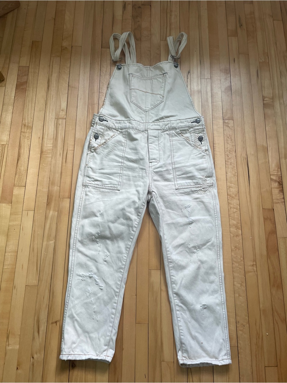 Driftwood sashiko white denim overalls with distressed details, size 26